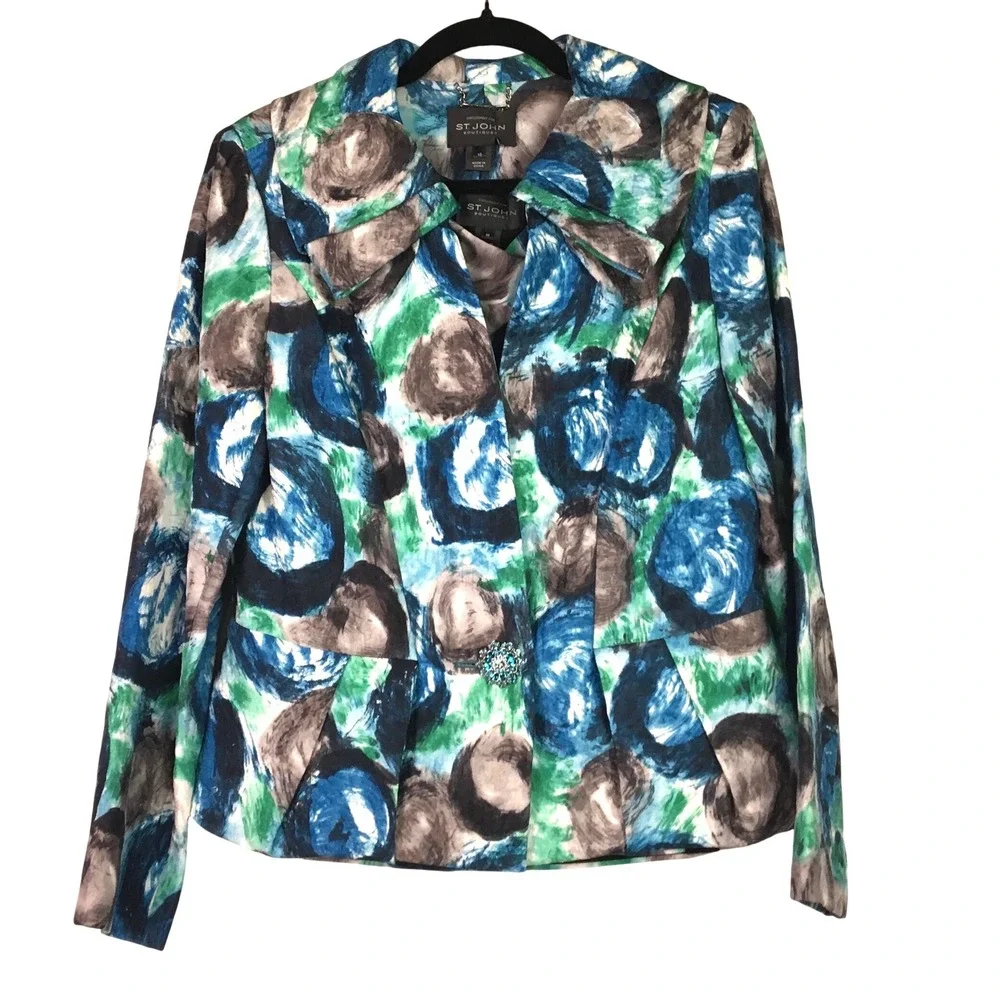 St. John Couture Abstract Print Blazer and Shell Top Set 10 Blue Green